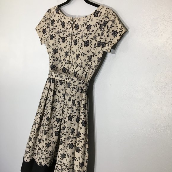 Vintage 50s Tan Floral Fit and Flare Party Dress Matching Belt Pleated Skirt VLV - Picture 11 of 16